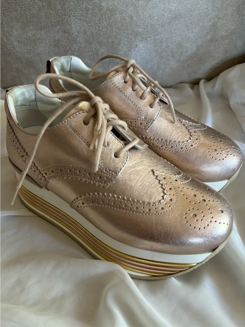 Hogan Rose Gold Italian Leather Euro Platform Wingtip Oxford Lace Up Sneakers 4